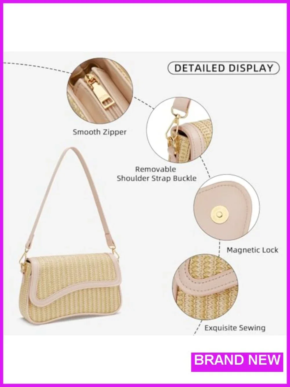 Straw Hobo Shoulder Bag with Detachable Chain Crossbody Clutch Purse
